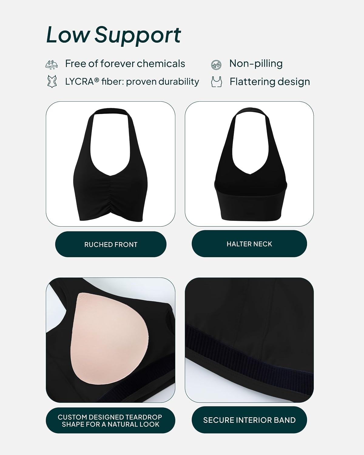 image:imagePAVOI ACTIVE Ruching Workout Halter Bra for Women Low Support V Neck Yoga Backless Sports Bra Padded Halter Top FlexFlowBlack