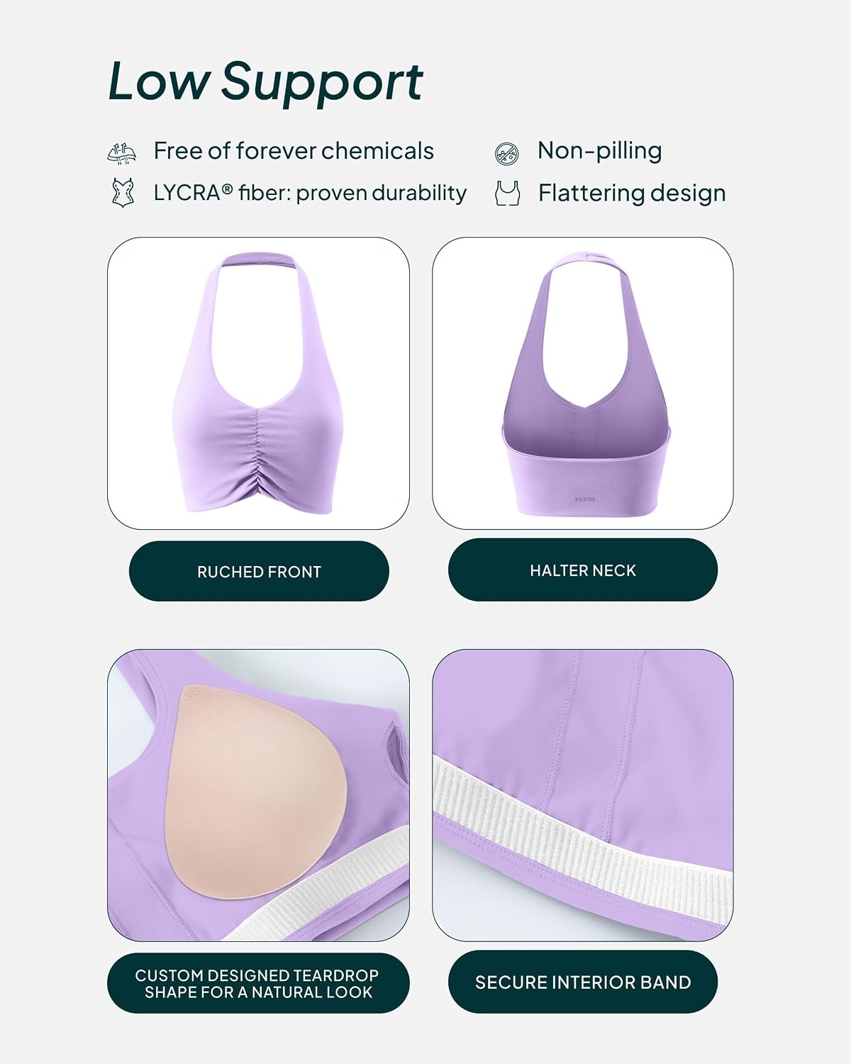 image:imagePAVOI ACTIVE Ruching Workout Halter Bra for Women Low Support V Neck Yoga Backless Sports Bra Padded Halter Top FlexFlowLilac