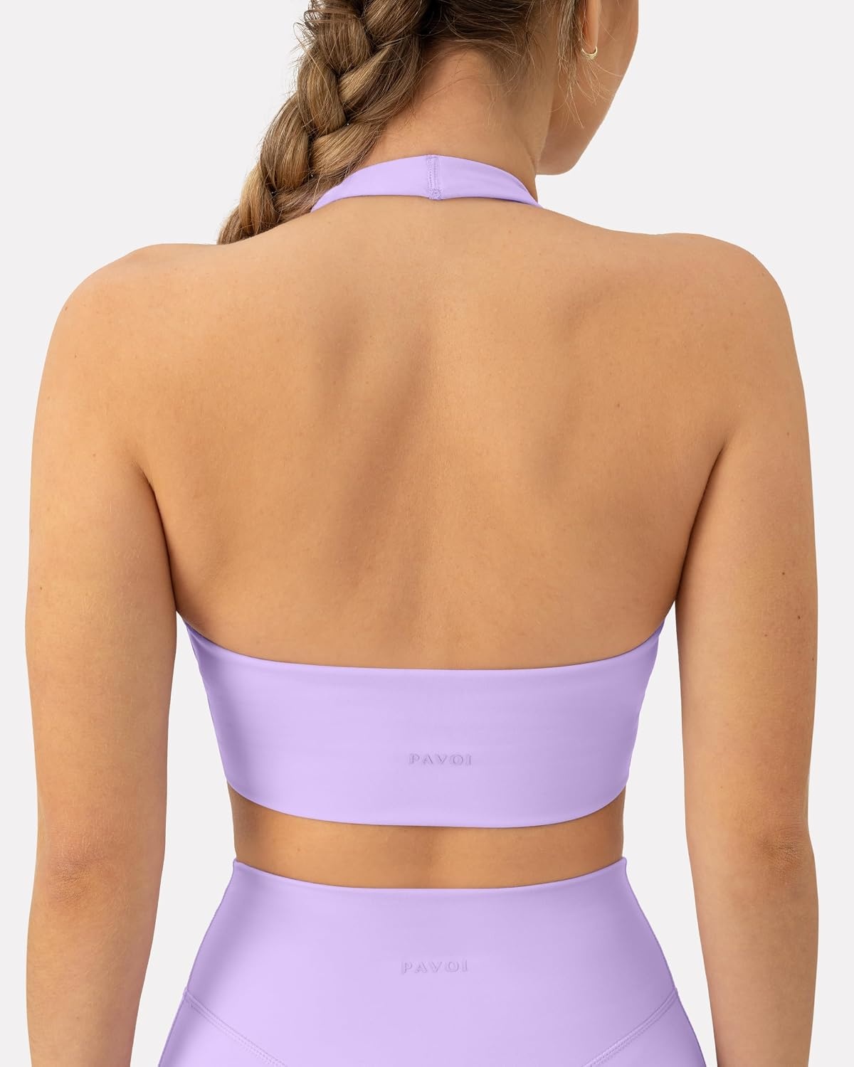 image:imagePAVOI ACTIVE Ruching Workout Halter Bra for Women Low Support V Neck Yoga Backless Sports Bra Padded Halter Top FlexFlowLilac