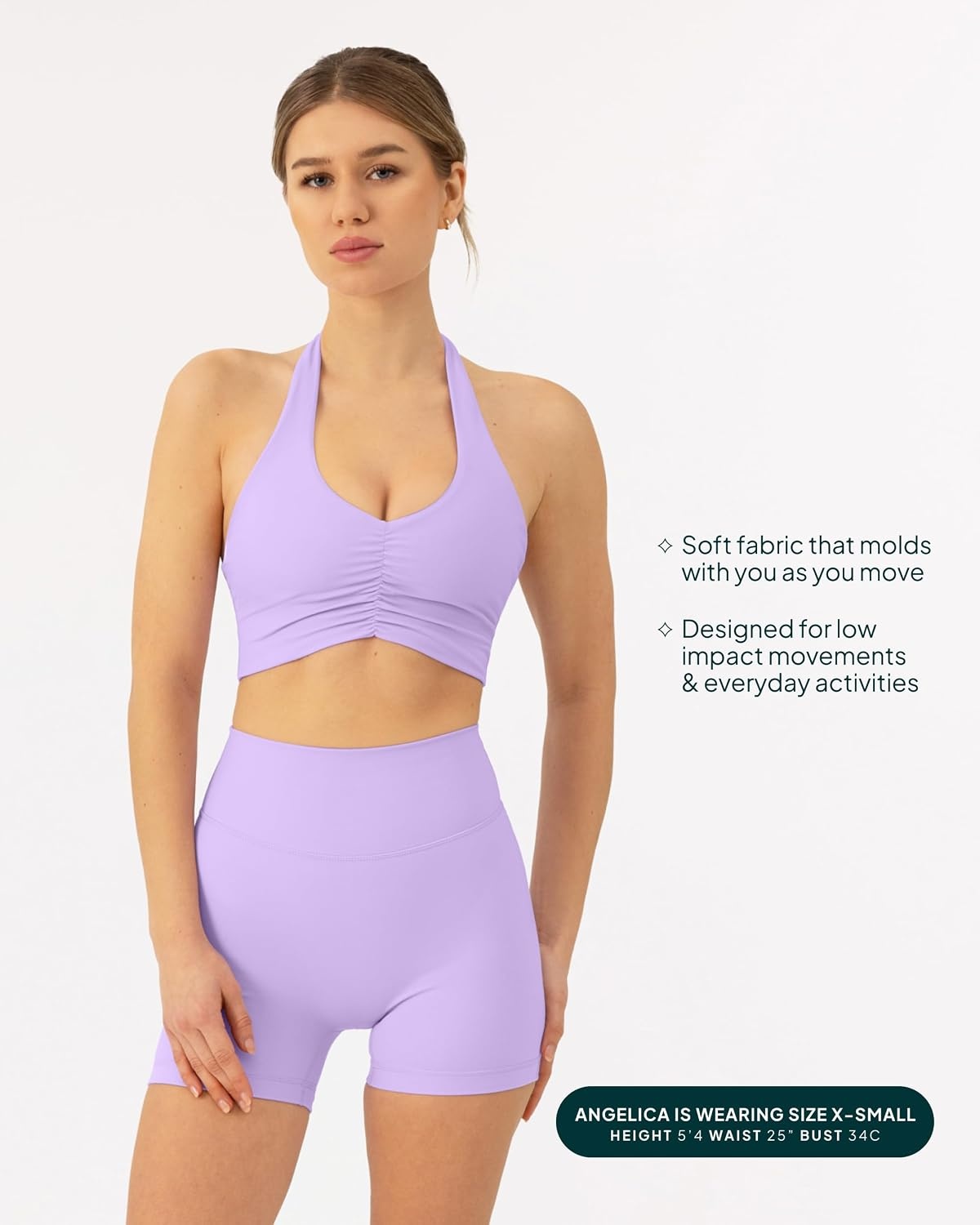 image:imagePAVOI ACTIVE Ruching Workout Halter Bra for Women Low Support V Neck Yoga Backless Sports Bra Padded Halter Top FlexFlowLilac