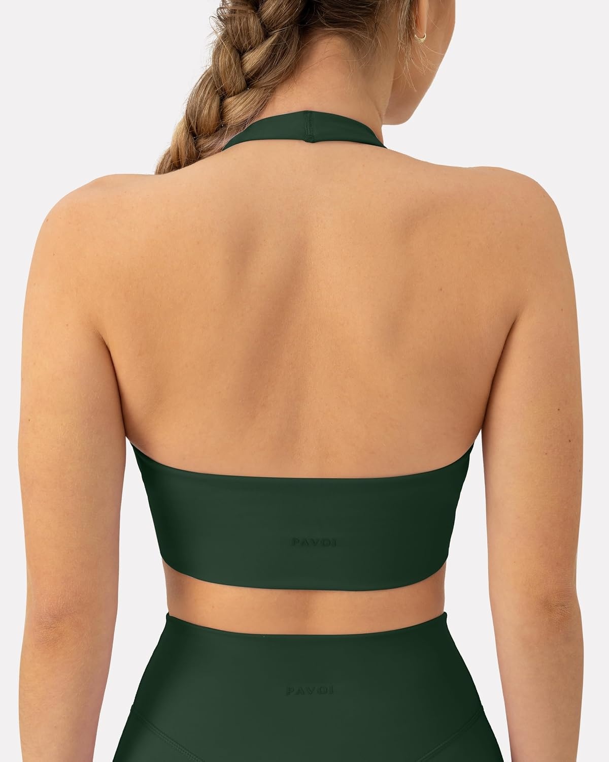 image:imagePAVOI ACTIVE Ruching Workout Halter Bra for Women Low Support V Neck Yoga Backless Sports Bra Padded Halter Top FlexFlowPine Green