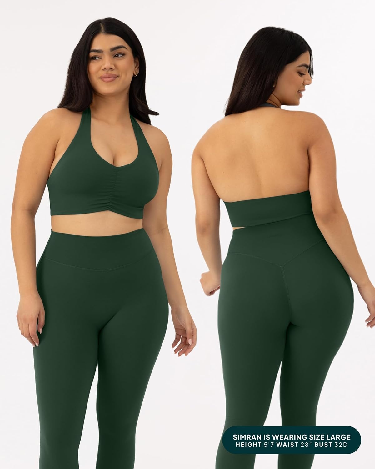 image:imagePAVOI ACTIVE Ruching Workout Halter Bra for Women Low Support V Neck Yoga Backless Sports Bra Padded Halter Top FlexFlowPine Green