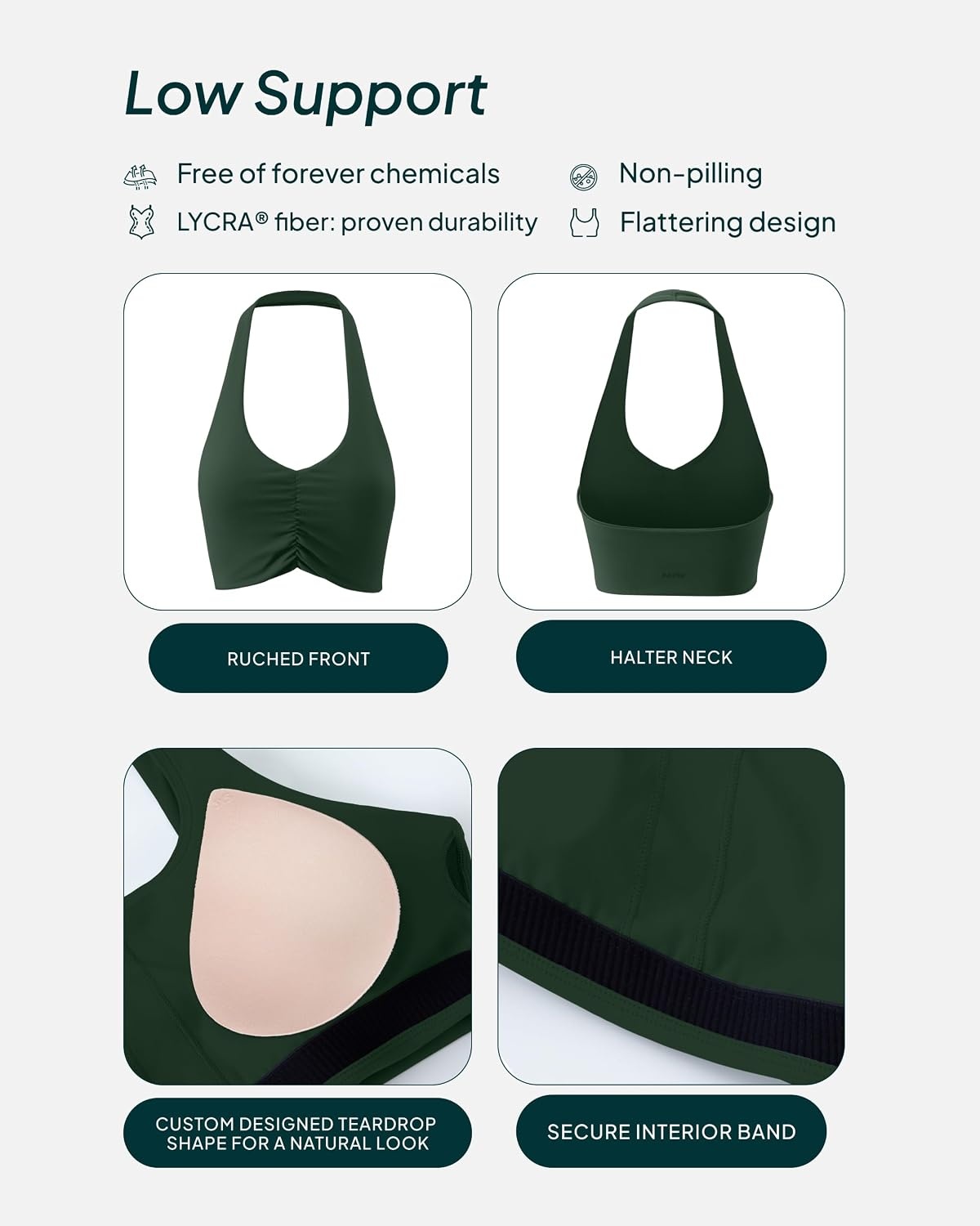 image:imagePAVOI ACTIVE Ruching Workout Halter Bra for Women Low Support V Neck Yoga Backless Sports Bra Padded Halter Top FlexFlowPine Green
