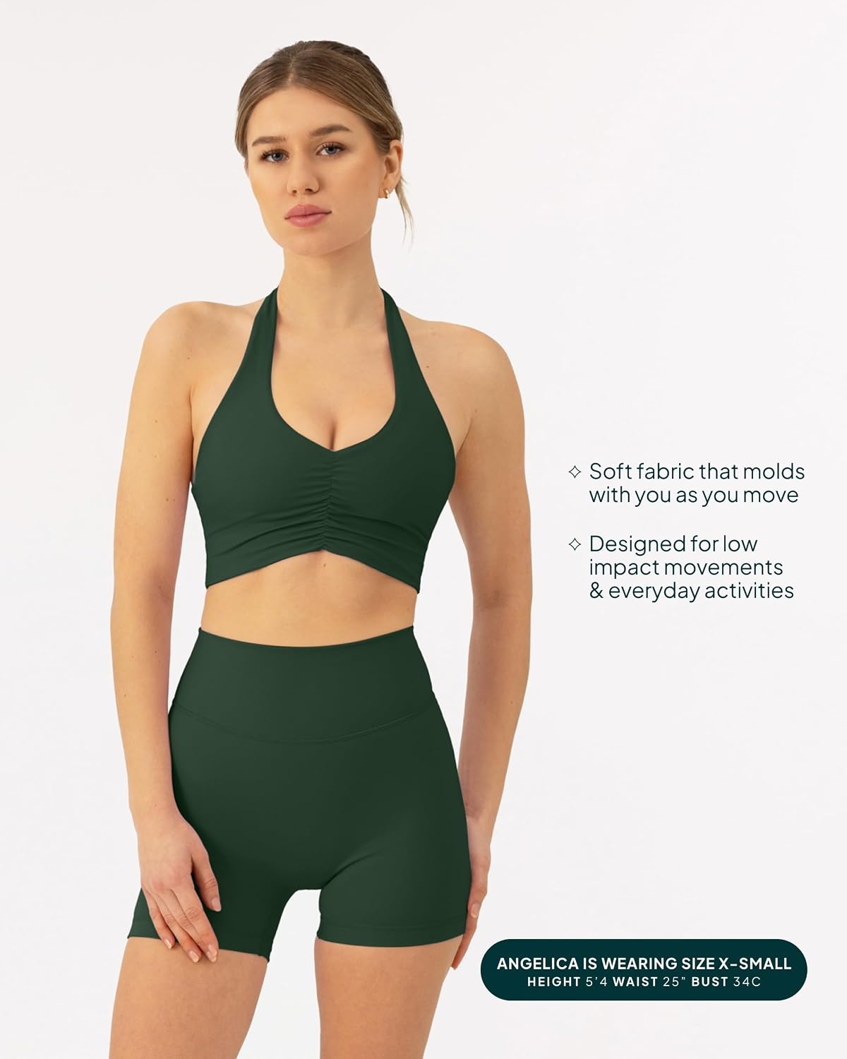 image:imagePAVOI ACTIVE Ruching Workout Halter Bra for Women Low Support V Neck Yoga Backless Sports Bra Padded Halter Top FlexFlowPine Green