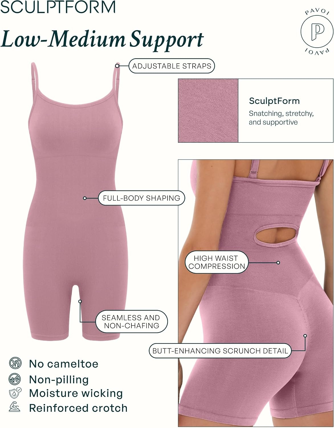 image:imagePAVOI ACTIVE Seamless OnePiece Romper Butt Sculpting Waist Compression Womens 5 Workout Shaping Jumpsuit SculptFormPink