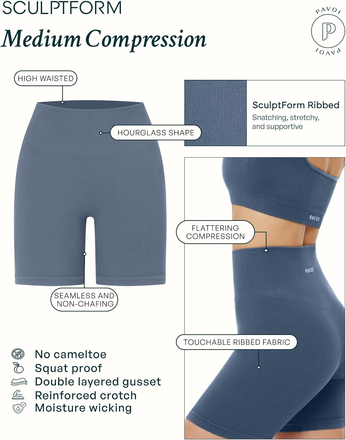 image:imagePAVOI ACTIVE Seamless Shorts Sculpting Compression High Waisted 45 amp 6 Scrunch Butt Ribbed SculptForm Biker ShortsBlack