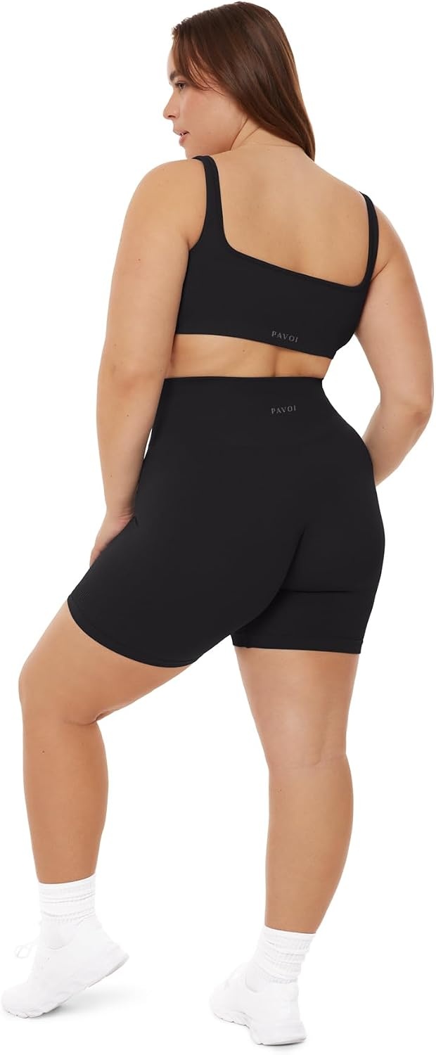 image:imagePAVOI ACTIVE Seamless Shorts Sculpting Compression High Waisted 45 amp 6 Scrunch Butt Ribbed SculptForm Biker ShortsBlack