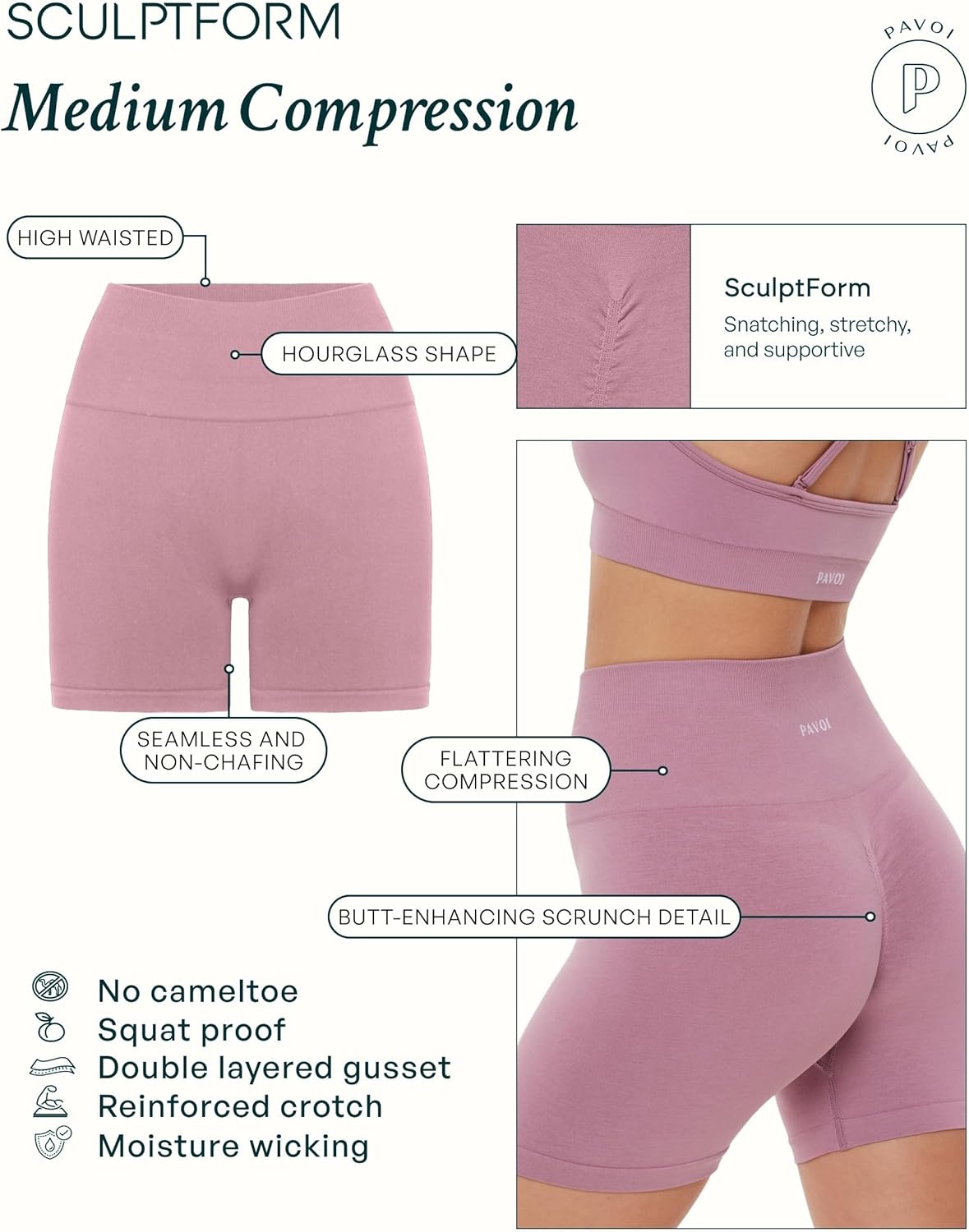 image:imagePAVOI ACTIVE Seamless Shorts Sculpting Compression High Waisted 45 amp 6 Scrunch Butt Ribbed SculptForm Biker ShortsBlush