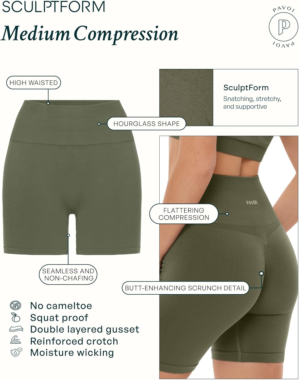 image:imagePAVOI ACTIVE Seamless Shorts Sculpting Compression High Waisted 45 amp 6 Scrunch Butt Ribbed SculptForm Biker ShortsStone