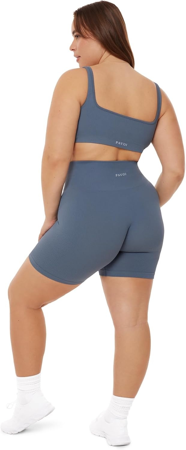 image:imagePAVOI ACTIVE Seamless Shorts Sculpting Compression High Waisted 45 amp 6 Scrunch Butt Ribbed SculptForm Biker ShortsStone