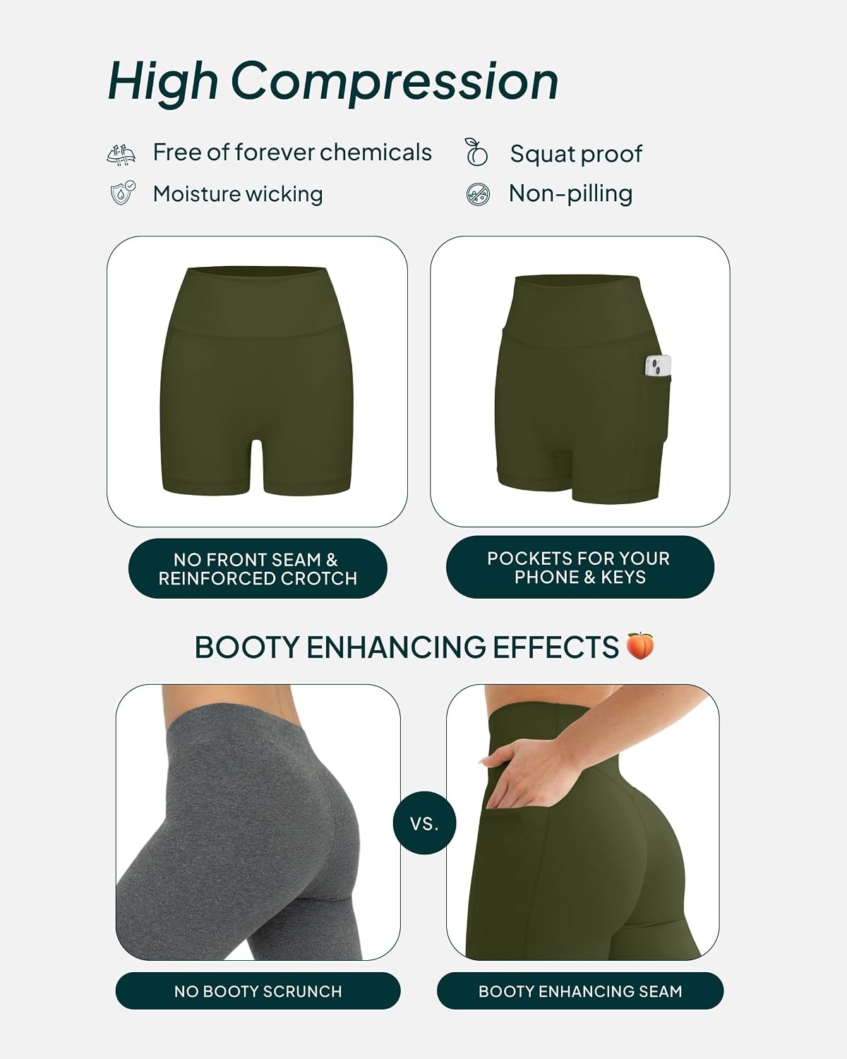 image:imagePAVOI ACTIVE Shorts with Pockets Compressive High Waisted Butt Sculpting 4 amp 6 Womens Biker Shorts HiPerform XXS to 3XArmy