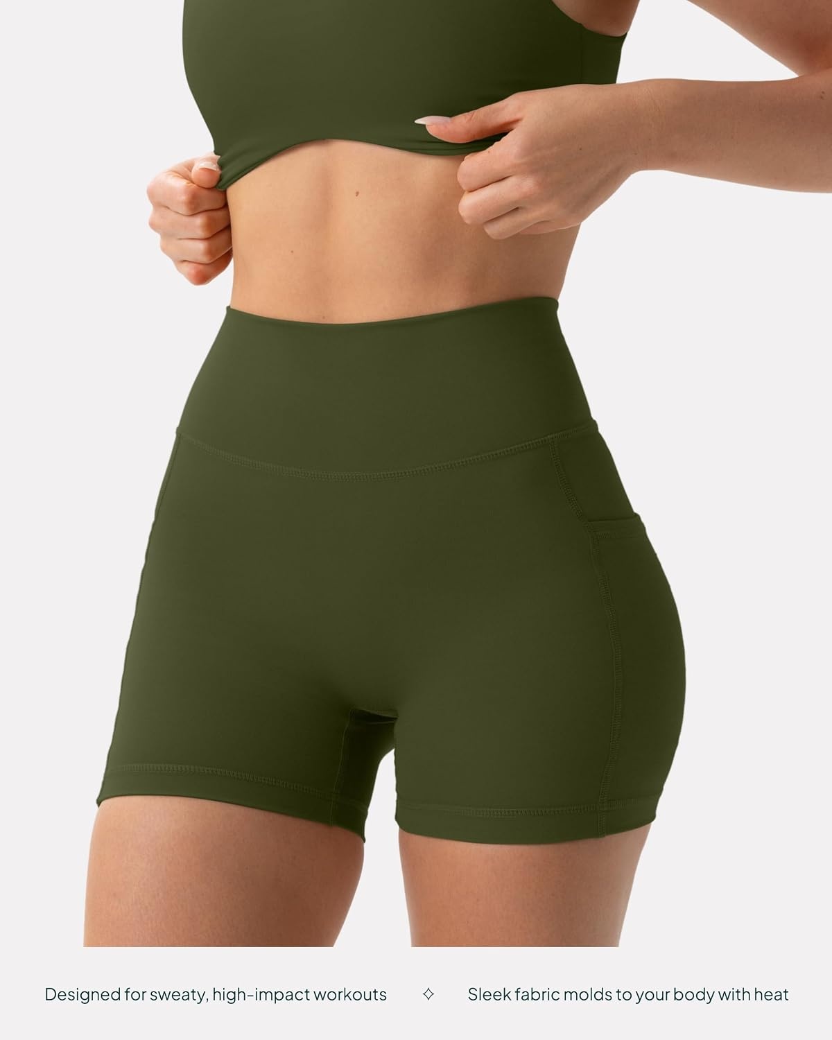 image:imagePAVOI ACTIVE Shorts with Pockets Compressive High Waisted Butt Sculpting 4 amp 6 Womens Biker Shorts HiPerform XXS to 3XArmy