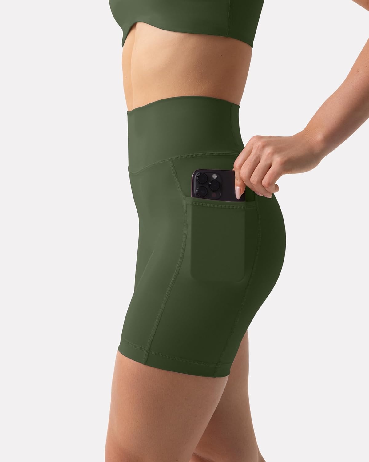 image:imagePAVOI ACTIVE Shorts with Pockets Compressive High Waisted Butt Sculpting 4 amp 6 Womens Biker Shorts HiPerform XXS to 3XArmy