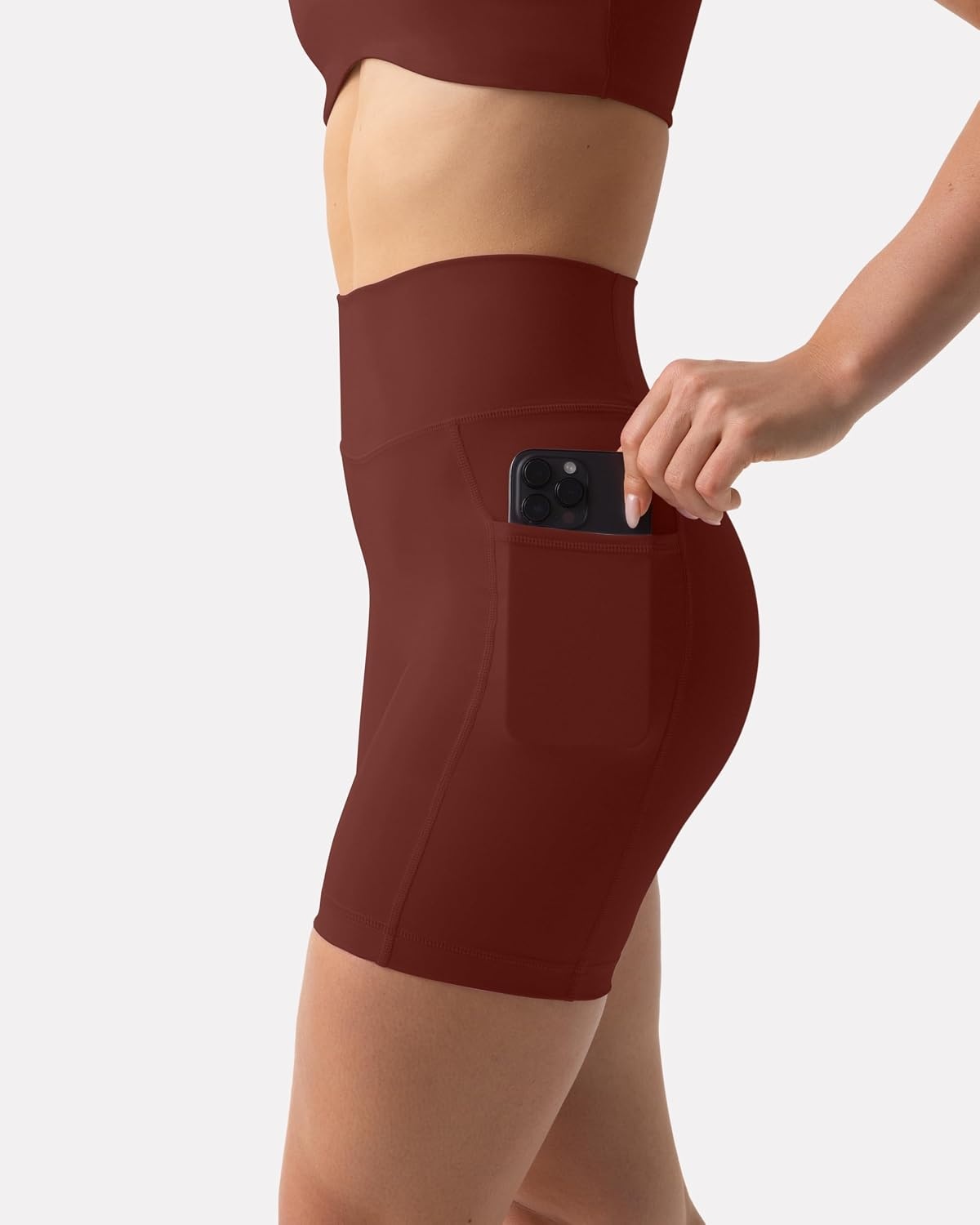 image:imagePAVOI ACTIVE Shorts with Pockets Compressive High Waisted Butt Sculpting 4 amp 6 Womens Biker Shorts HiPerform XXS to 3XChocolate