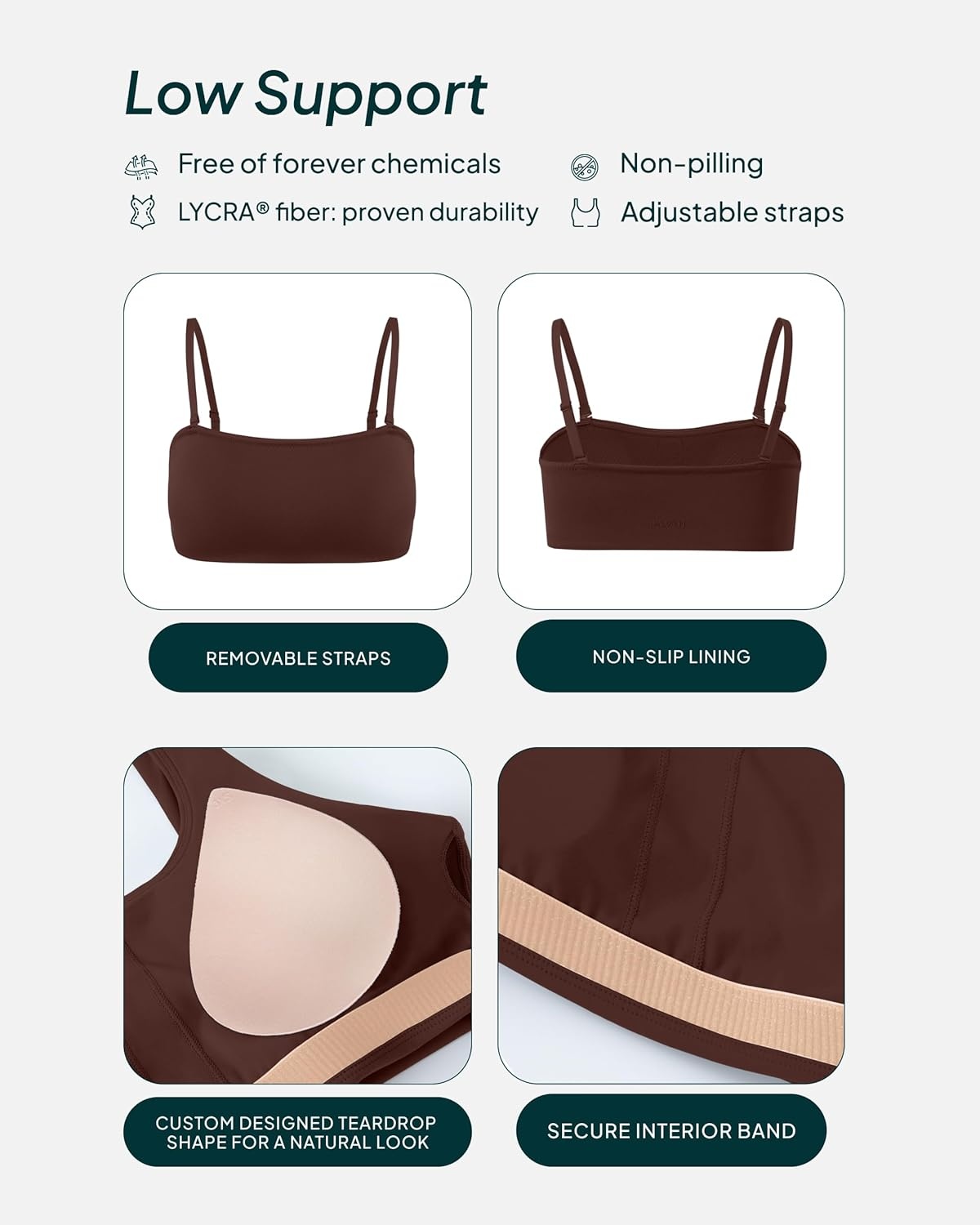 image:imagePAVOI ACTIVE Sports Bandeau Bras for Women Padded Low Support Workout Yoga Bandeau Bra with Convertible Straps FlexFlowCocoa