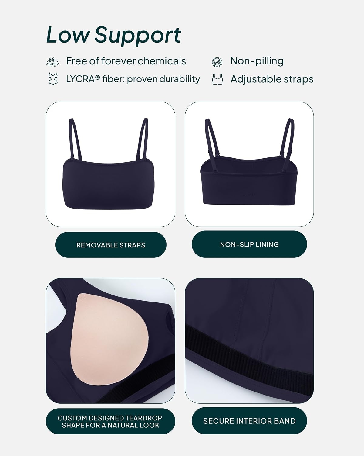 image:imagePAVOI ACTIVE Sports Bandeau Bras for Women Padded Low Support Workout Yoga Bandeau Bra with Convertible Straps FlexFlowTwilight
