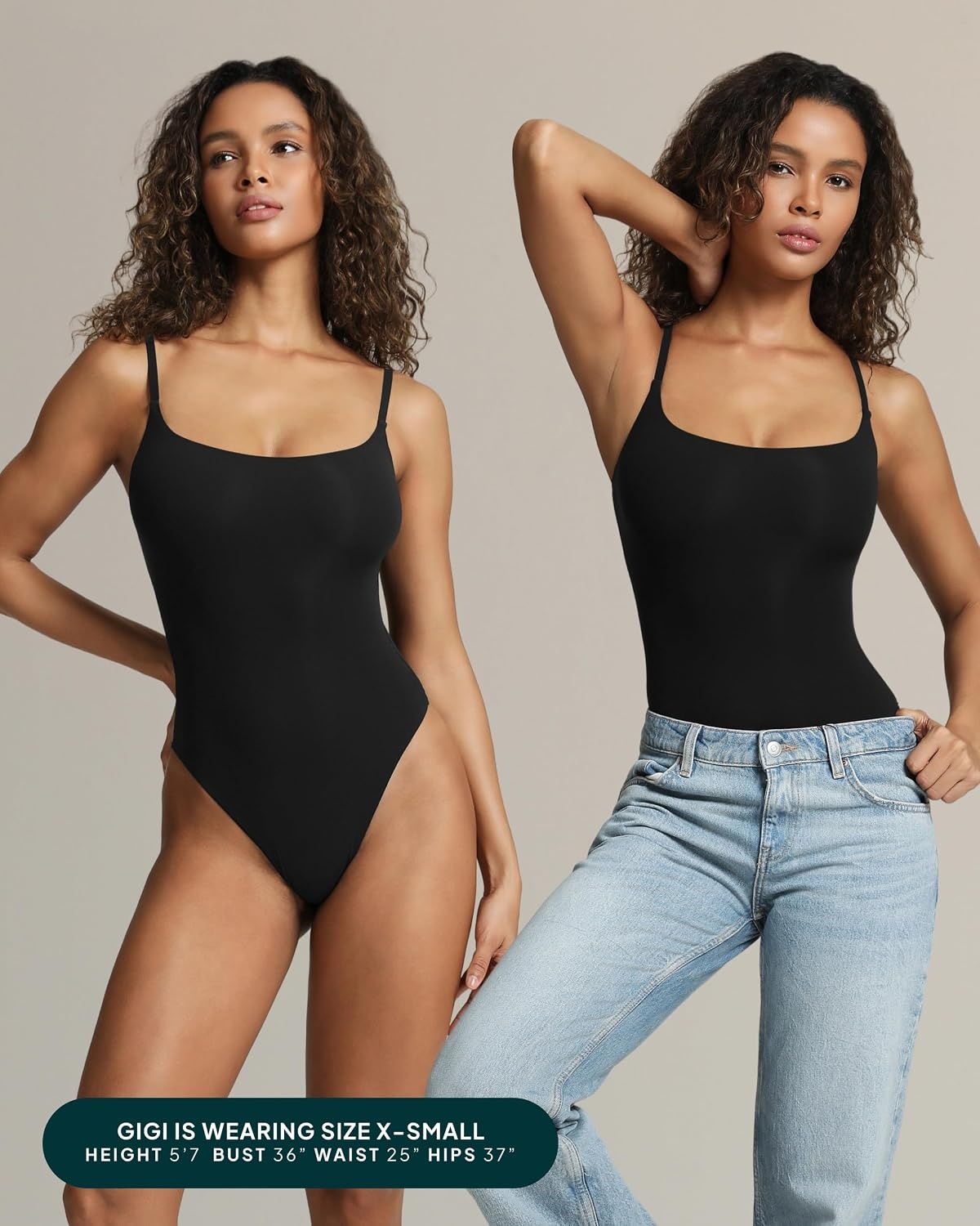 image:imagePAVOI ACTIVE Square Neck Cami Bodysuit for Women Adjustable Spaghetti Strap Bodysuit Double Lined Thong Everyday EssentialsBlack