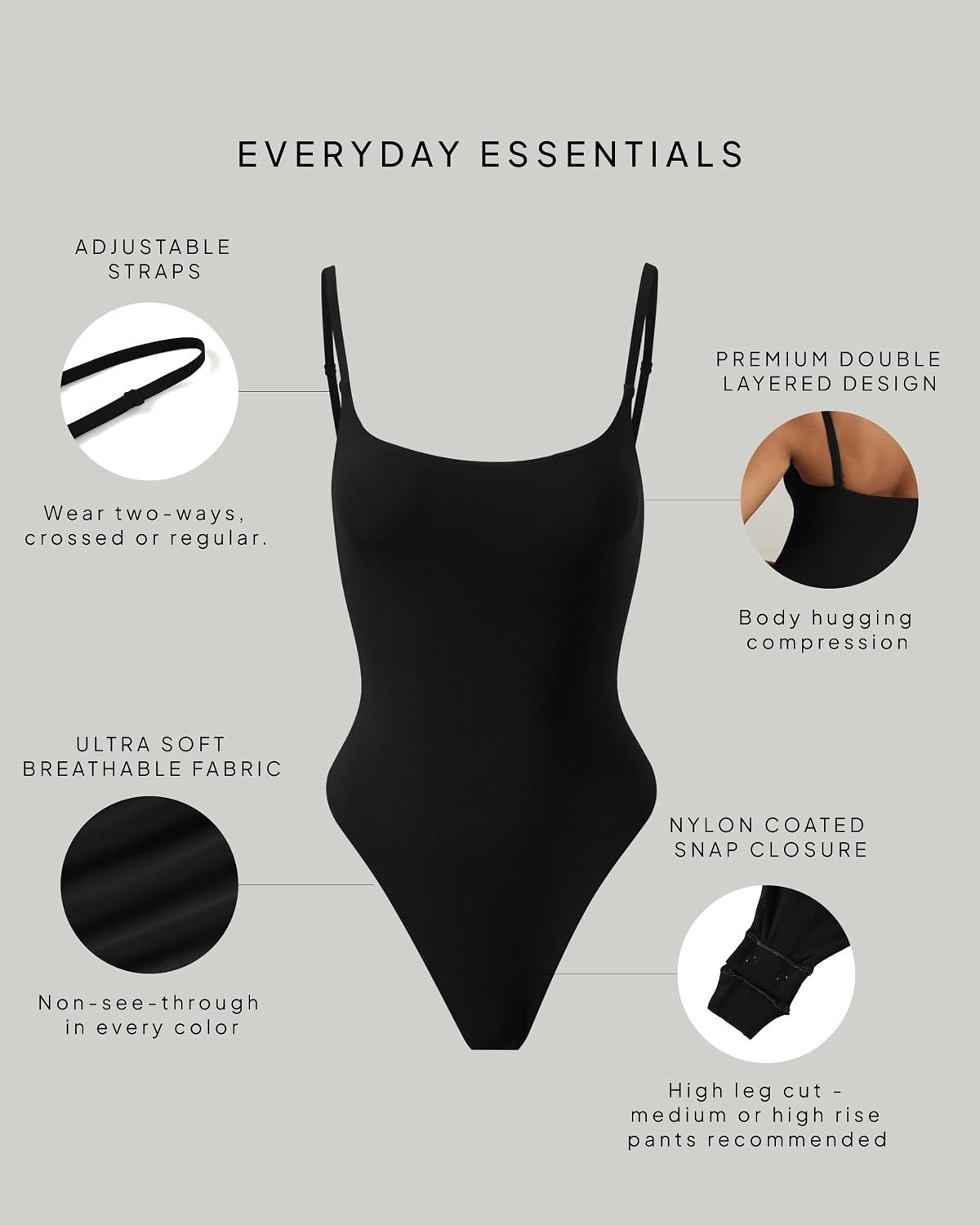 image:imagePAVOI ACTIVE Square Neck Cami Bodysuit for Women Adjustable Spaghetti Strap Bodysuit Double Lined Thong Everyday EssentialsBlack