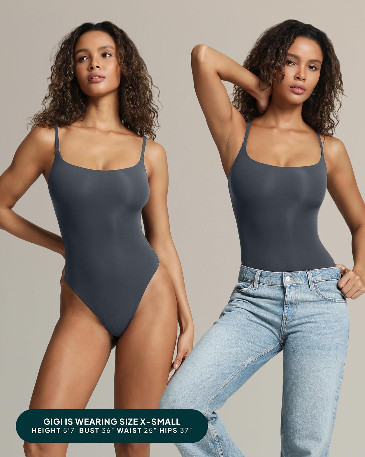 image:imagePAVOI ACTIVE Square Neck Cami Bodysuit for Women Adjustable Spaghetti Strap Bodysuit Double Lined Thong Everyday EssentialsThunder