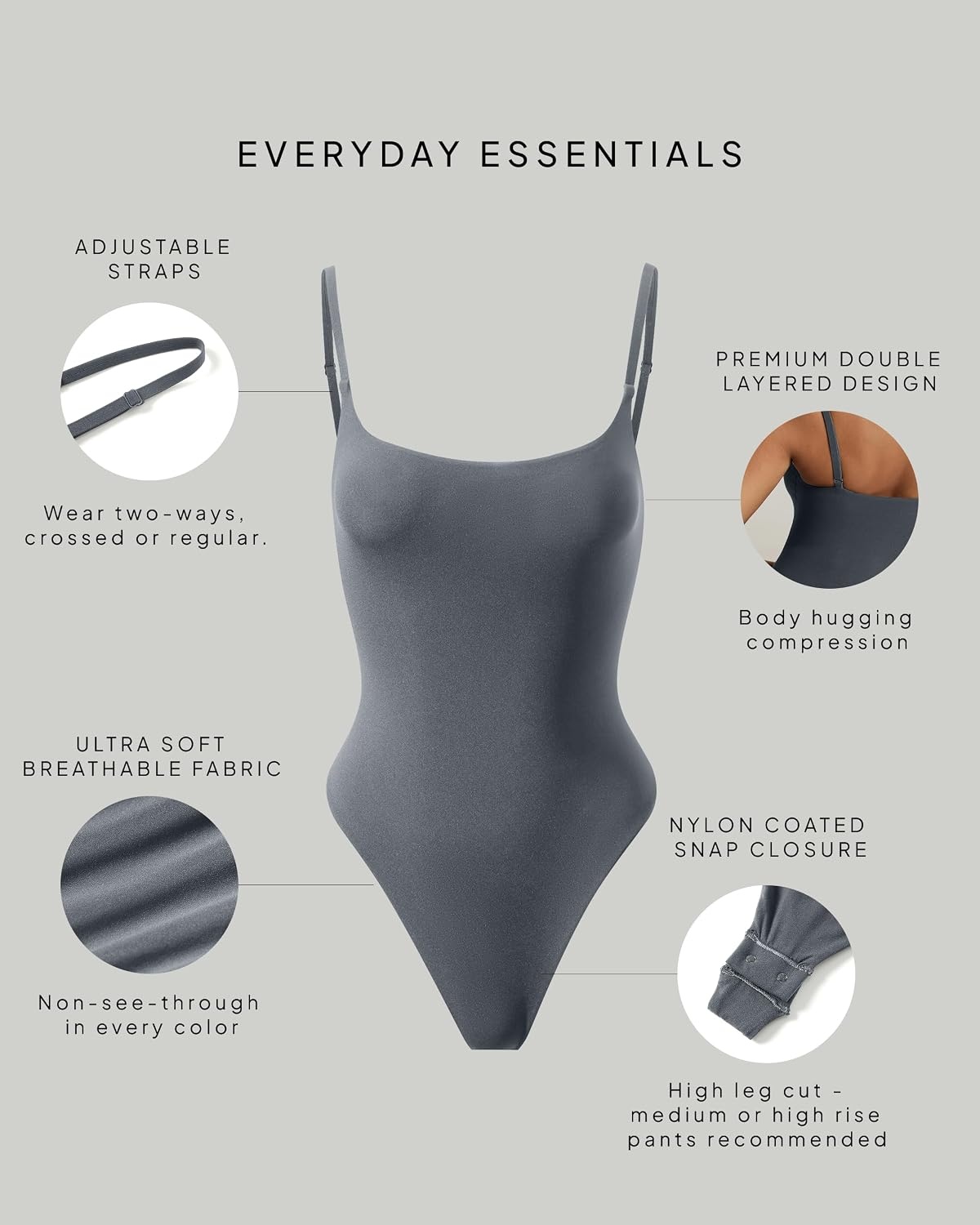 image:imagePAVOI ACTIVE Square Neck Cami Bodysuit for Women Adjustable Spaghetti Strap Bodysuit Double Lined Thong Everyday EssentialsThunder