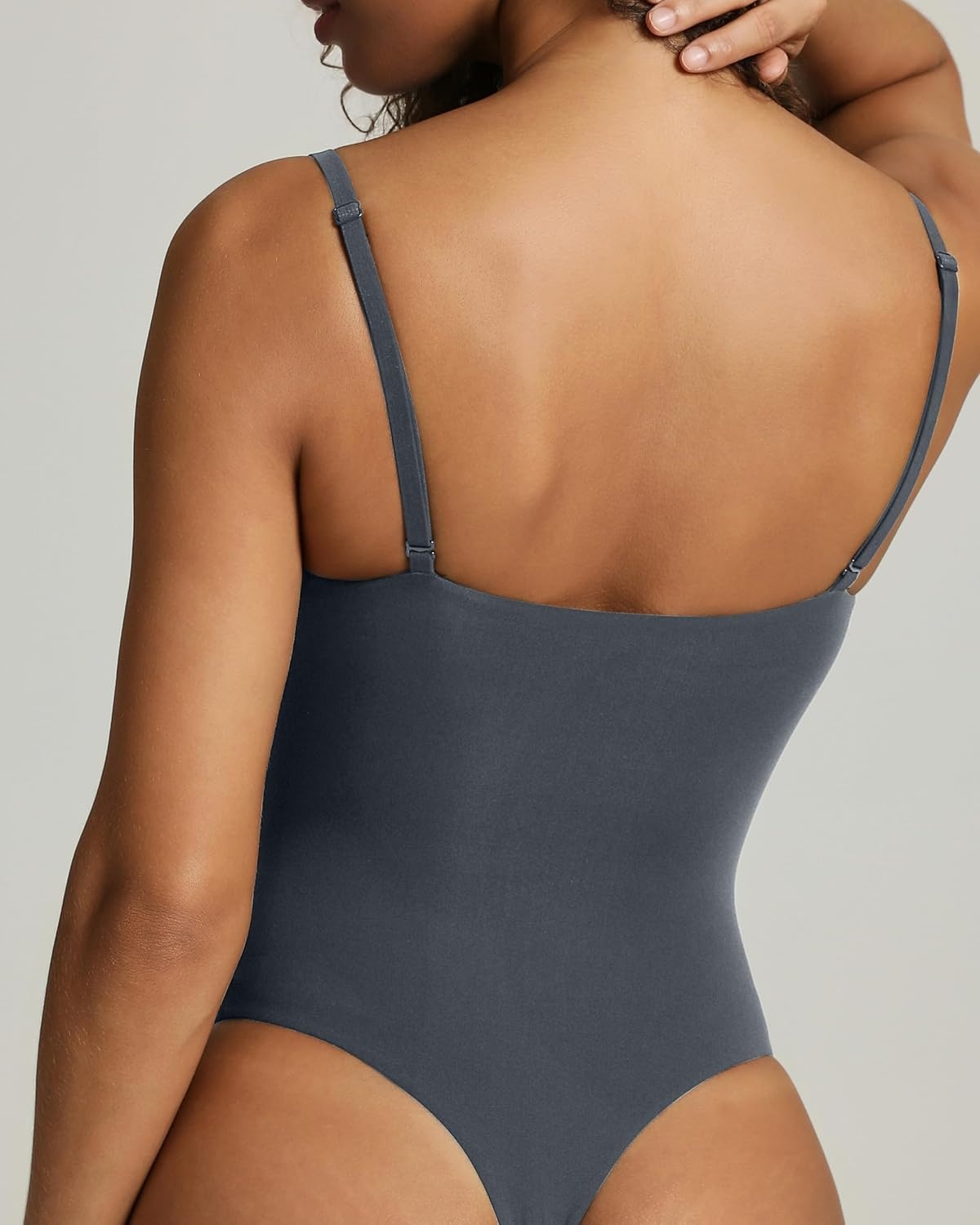 image:imagePAVOI ACTIVE Square Neck Cami Bodysuit for Women Adjustable Spaghetti Strap Bodysuit Double Lined Thong Everyday EssentialsThunder