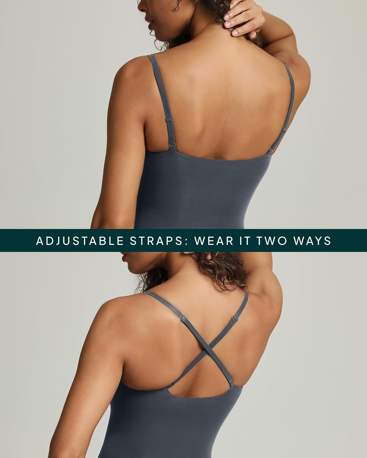image:imagePAVOI ACTIVE Square Neck Cami Bodysuit for Women Adjustable Spaghetti Strap Bodysuit Double Lined Thong Everyday EssentialsThunder