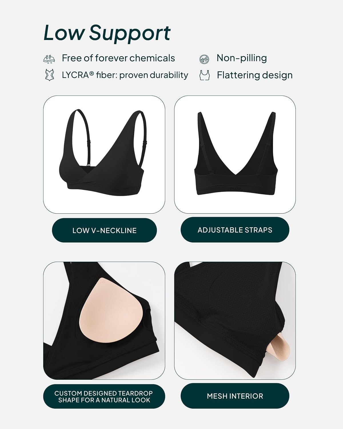 image:imagePAVOI ACTIVE V Neck Sports Bra for Women Low Support Yoga Adjustable Straps Deep V Plunge Bra Removable Pads FlexFlowBlack
