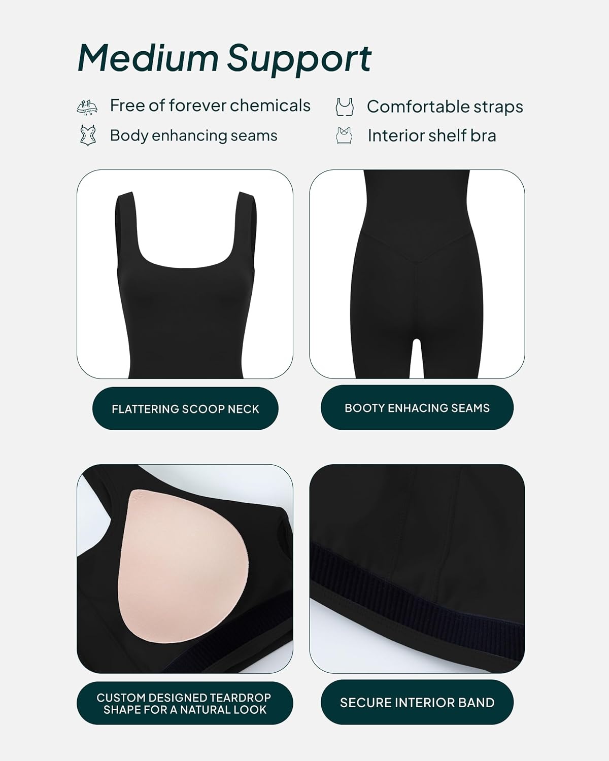 image:imagePAVOI ACTIVE Workout OnePiece for Women Square Neck Gym Bodysuit BuiltIn Shelf Bra 5 Romper Jumpsuit Shorts HiPerformBlack