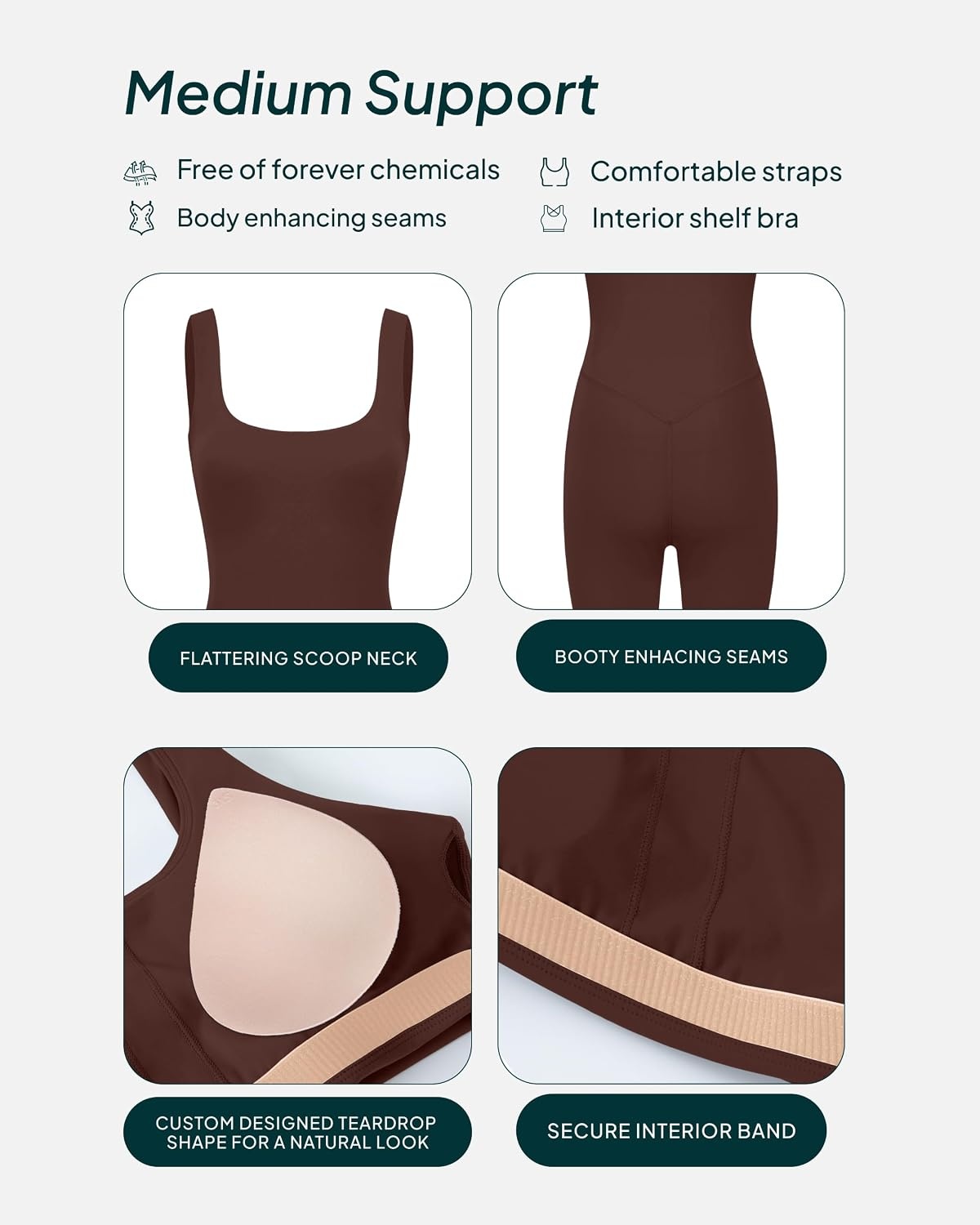 image:imagePAVOI ACTIVE Workout OnePiece for Women Square Neck Gym Bodysuit BuiltIn Shelf Bra 5 Romper Jumpsuit Shorts HiPerformCocoa