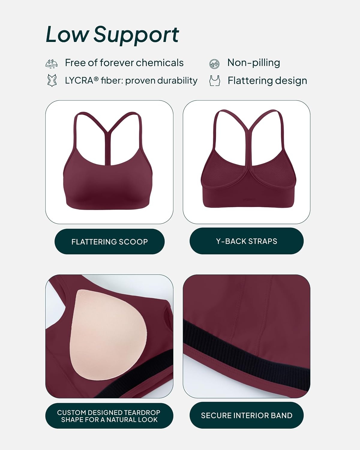 image:imagePAVOI ACTIVE Yoga Racerback Bras for Women Buttery Soft Low Support Scoop Neck YBack Thin Strap Sports Bra FlexFlowBordeaux