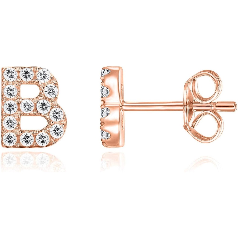 image:imagePAVOI 14K Gold Plated 925 Sterling Silver Cubic Zirconia Initial Letter Stud Earrings for Women Simulated Diamond Alphabet Letter Earrings B