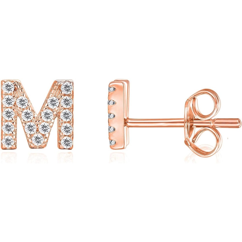 image:imagePAVOI 14K Gold Plated 925 Sterling Silver Cubic Zirconia Initial Letter Stud Earrings for Women Simulated Diamond Alphabet Letter Earrings M