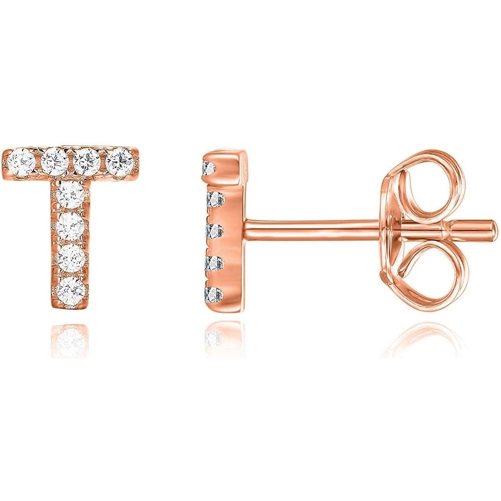 image:imagePAVOI 14K Gold Plated 925 Sterling Silver Cubic Zirconia Initial Letter Stud Earrings for Women Simulated Diamond Alphabet Letter Earrings T