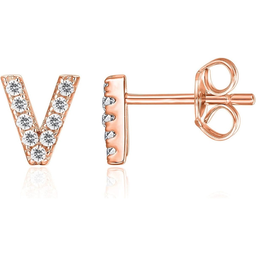 image:imagePAVOI 14K Gold Plated 925 Sterling Silver Cubic Zirconia Initial Letter Stud Earrings for Women Simulated Diamond Alphabet Letter Earrings V