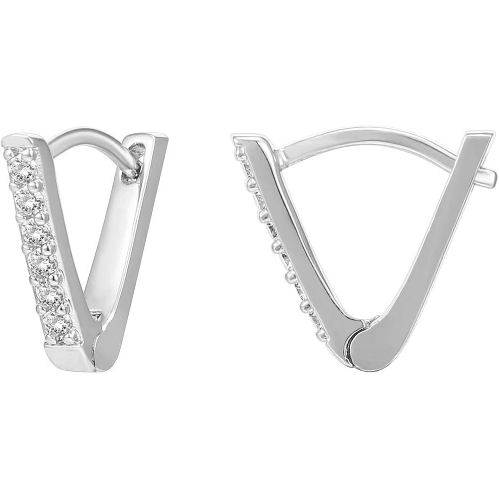 image:imagePAVOI 14K Gold Plated 925 Sterling Silver Post VShaped Huggie Earrings  Cubic Zirconia Studded Small Hoop Earrings for Women in Rose White and Yellow GoldWhite Gold