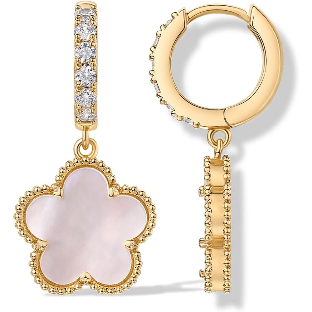 image:imagePAVOI 14K Gold Plated Clover Earrings for Women  Clover Stud Earrings Mother of Pearl amp Onyx Gemstone  Lucky Flower Design Huggie Hoop Trendy JewelryYellow Gold