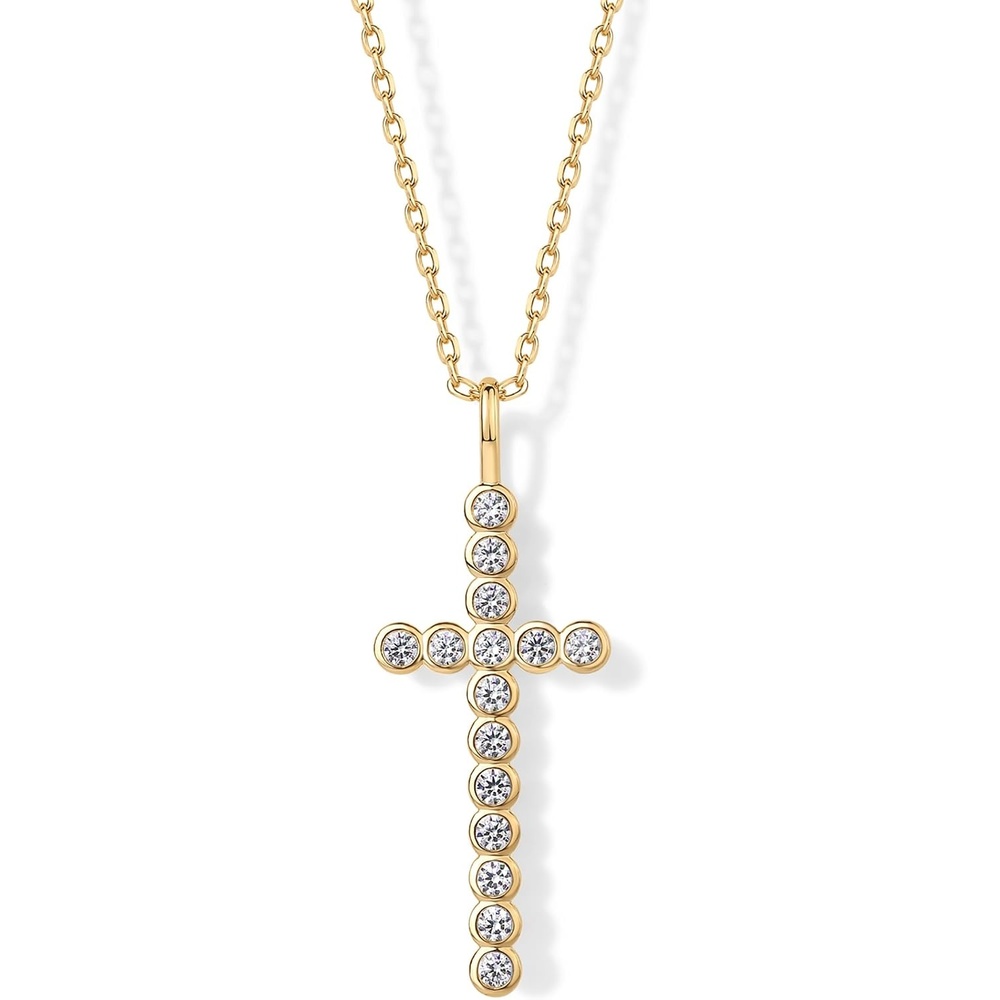image:imagePAVOI 14K Gold Plated Cubic Zirconia Cross Pendant Necklaces for Women Linear Bezel CZ Religious Cross Faith Pendant NecklaceYellow Gold