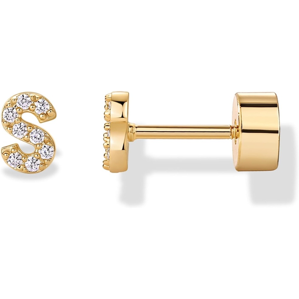 image:imagePAVOI 14K Gold Plated Initial Flat Back Earrings for Women  Cubic Zirconia Dainty Initial Letter Jewelry Gifts  925 Sterling Silver Posts Cartilage Piercing Flatback Gold Stud Earrings Screw BackYellow Gold