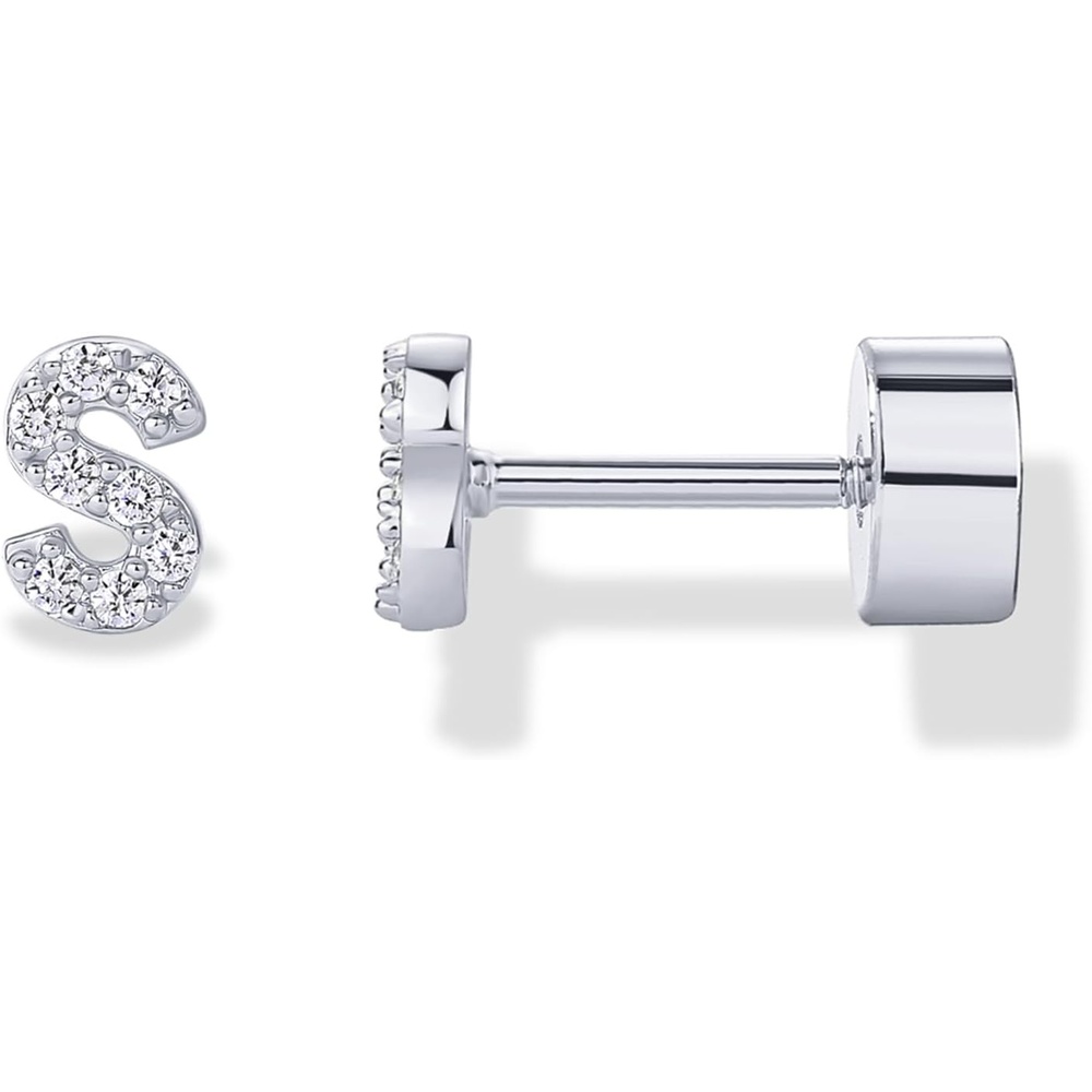 image:imagePAVOI 14K Gold Plated Initial Flat Back Earrings for Women Cubic Zirconia Dainty Initial Letter Jewelry Gifts 925 Sterling Silver Posts Cartilage Piercing Flatback Gold Stud Earrings Screw BackWhite Gold