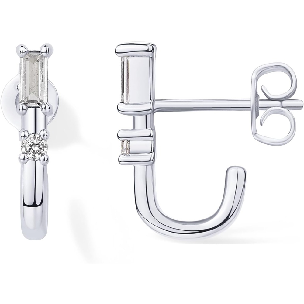 image:imagePAVOI 18K Gold Plated 925 Sterling Silver Posts Cubic Zirconia Half Huggie Earrings Small Hoop Earrings for Women Constellation Baguette CZ Dainty Stud Cuff EarringWhite Gold