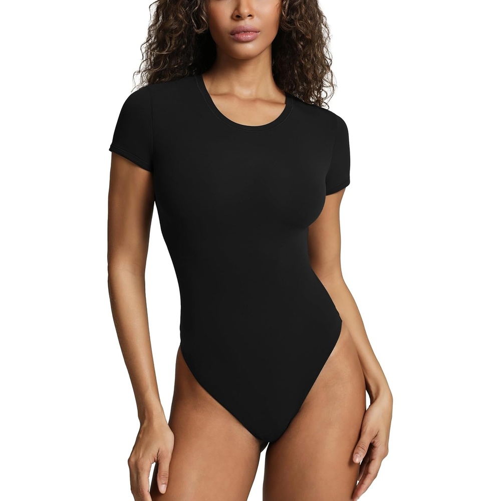 image:imagePAVOI ACTIVE Buttery Soft Short Sleeve Bodysuit for Women Double Lined Thong Bodysuit Crew Neck TShirt Everyday EssentialsBlack