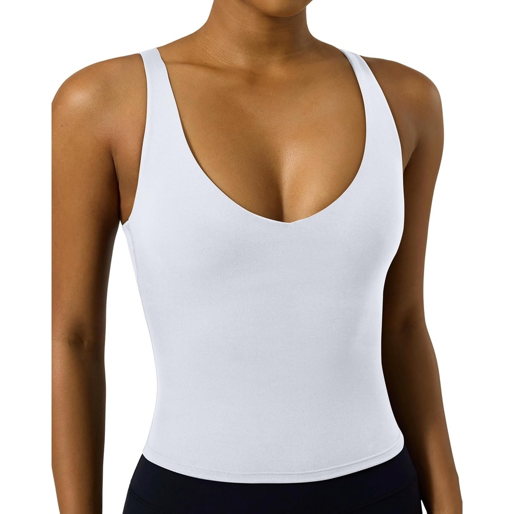 image:imagePAVOI ACTIVE Longline Sports Bra for Women Mid Support Tank Top FlexFlow Wirefree Workout Cropped Tank with Built in Bra V Neck Medium Support Long Sports BraWhite