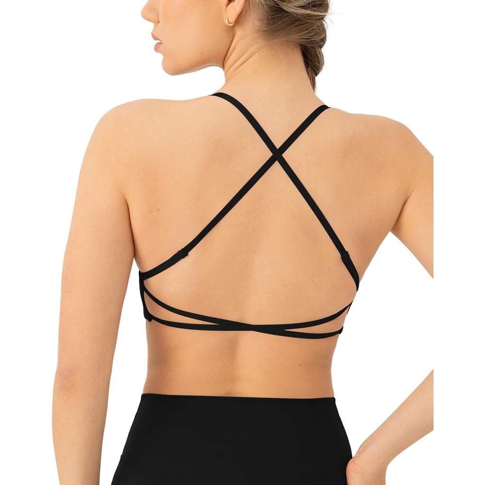 image:imagePAVOI ACTIVE Open Back Strappy Yoga Workout Bras for Women  Low Support CrissCross Sports Gym Bra Removable Pads  FlexFlowBlack