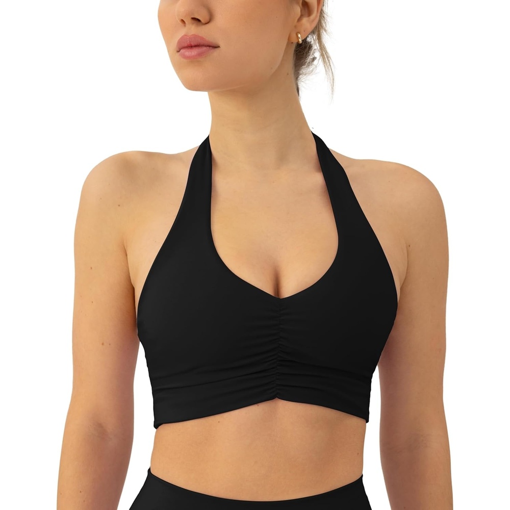 image:imagePAVOI ACTIVE Ruching Workout Halter Bra for Women Low Support V Neck Yoga Backless Sports Bra Padded Halter Top FlexFlowBlack