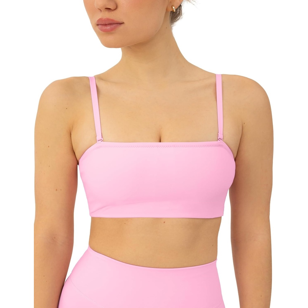 image:imagePAVOI ACTIVE Sports Bandeau Bras for Women  Padded Low Support Workout Yoga Bandeau Bra with Convertible Straps  FlexFlowBubblegum