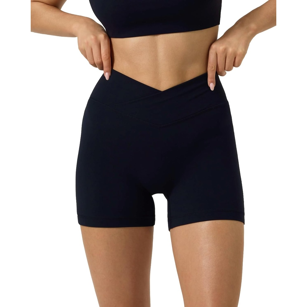 image:imagePAVOI ACTIVE Sports Crossover Shorts for Women 4 Workout V Criss Cross Waist Biker Shorts with High Waist FlexFlowBlack