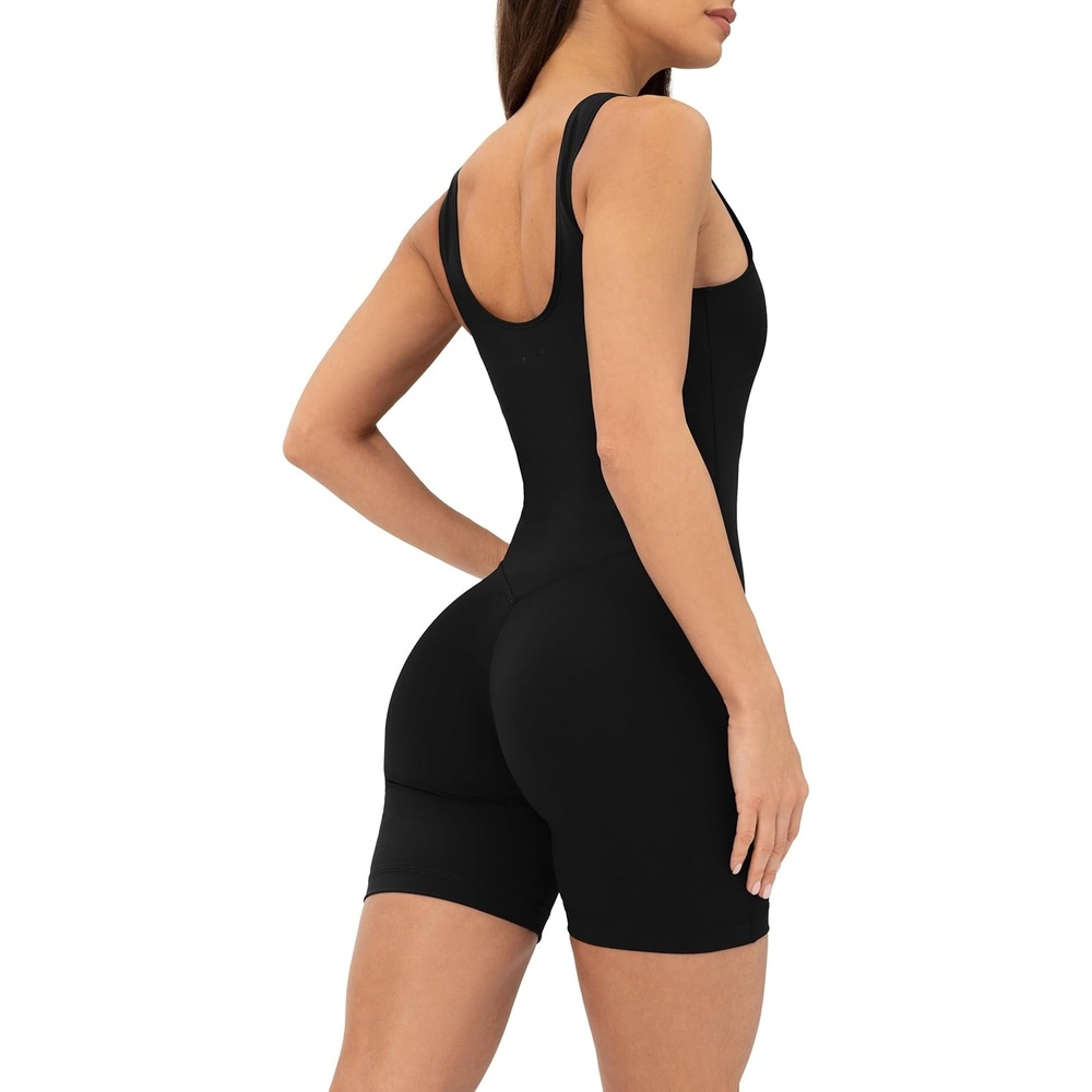 image:imagePAVOI ACTIVE Workout OnePiece for Women Square Neck Gym Bodysuit BuiltIn Shelf Bra 5 Romper Jumpsuit Shorts HiPerformBlack