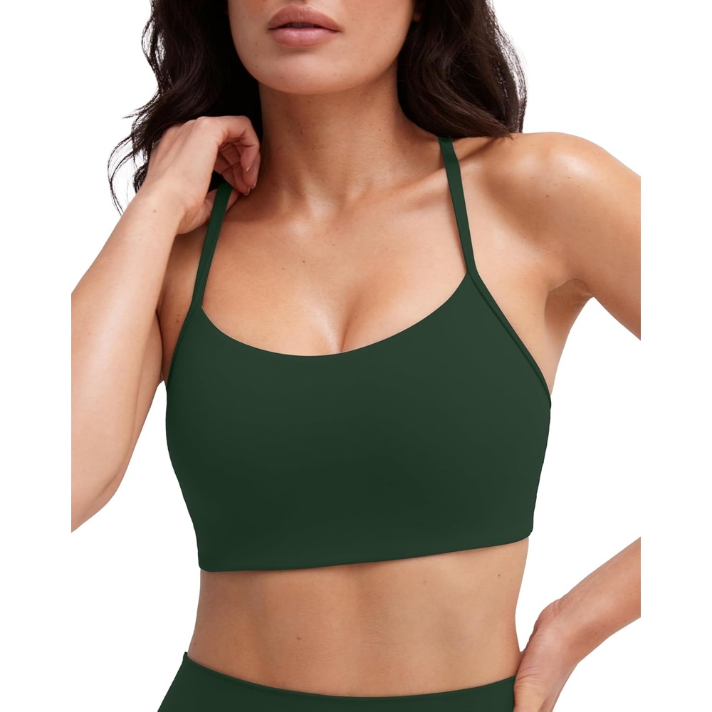 image:imagePAVOI ACTIVE Yoga Racerback Bras for Women Buttery Soft Low Support Scoop Neck YBack Thin Strap Sports Bra FlexFlowPine Green