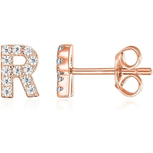 PAVOI 14K Gold Plated 925 Sterling Silver Cubic Zirconia Initial Letter Stud Earrings for Women | Simulated Diamond Alphabet Letter Earrings(- R)