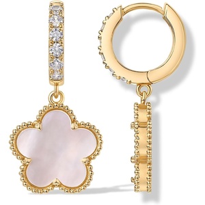 PAVOI 14K Gold Plated Clover Earrings for Women – Clover Stud Earrings Mother of Pearl & Onyx Gemstone – Lucky Flower Design Huggie Hoop Trendy Jewelry(Yellow Gold)